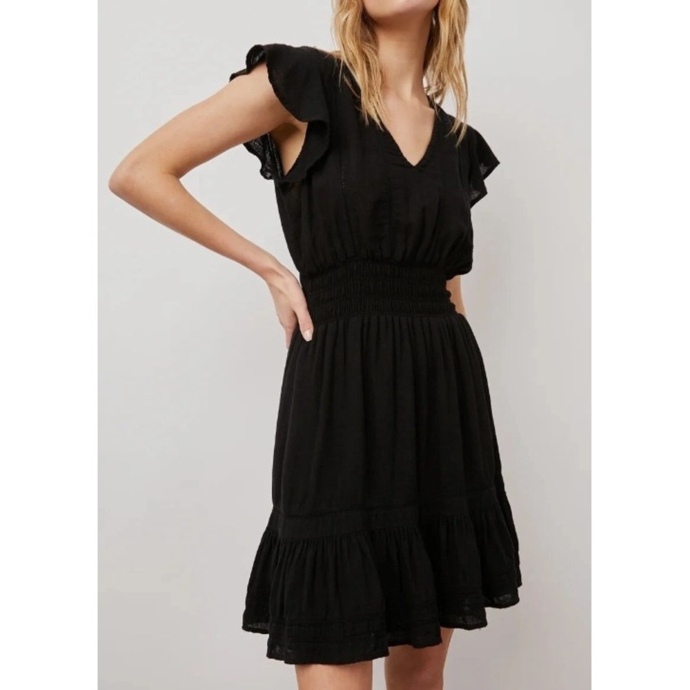 Rails Tara Black Lace Detrail Dress Linen V Neck Smocked Waist Flutter Sleeve XL